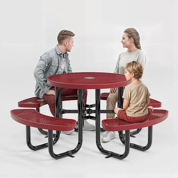 Metal Picnic Tables for Outdoors with Umbrella Hole - Coated Steel Heavy Duty Commercial Grade Table with Adjustable Seats (Red, 38 in, Round, Expanded Steel) by GreenHaven Gardens