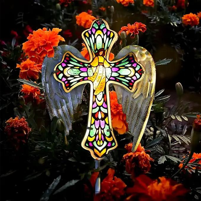 YJFWAL Solar Glass Cross Garden Stake Light, Cemetery Decorations for Grave Outdoor Lights, Jesus Cross Angel Wings Sympathy Memorial Gifts, for Easter Halloween Garden Lawn Yard Patio Decor by GreenHaven Gardens