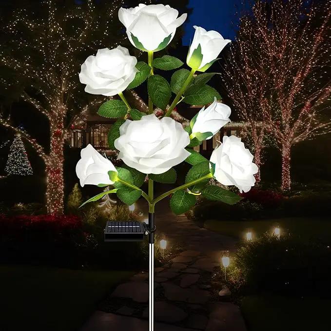 DWH 1 Pack Solar Garden Lights Outdoor, 7-Flower Rose Solar Lights for Yard, LED Solar Powered Stake Lights for Patio Pathway Lawn Fence Cemetery, White by GreenHaven Gardens