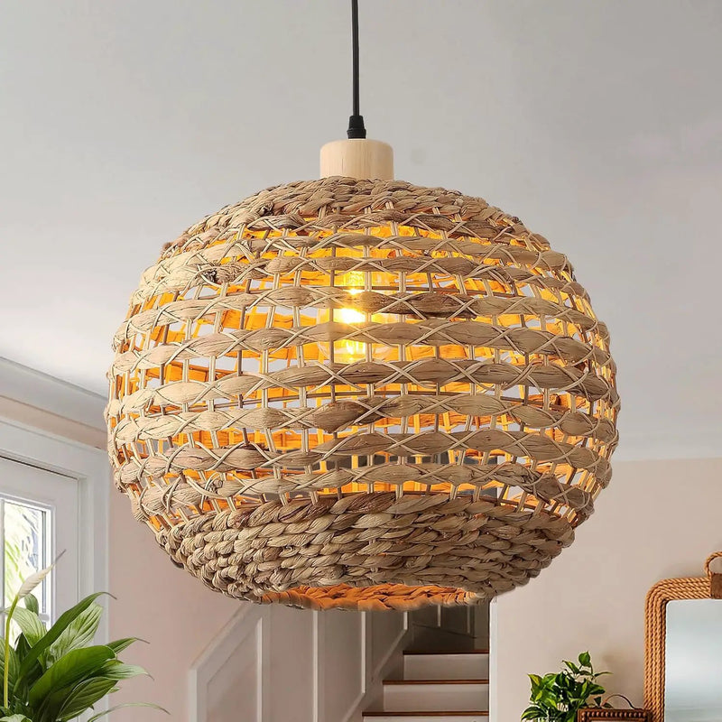 Boho Pendant Lights Kitchen Island Rattan Lights Fixture for Dining Room 15.8" Hand-Woven Chandelier Weaving Hanging Ceiling Light for Restaurant Living Room Bedroom Foyer Hallway by GreenHaven Gardens