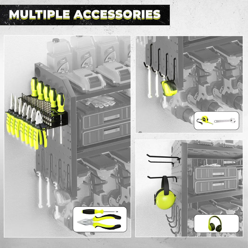 KAFAHOM Power Tool Organizer with Charging Station, Built in 8 Outlet Power Strip,Large 8 Drill Holder Wall Mount, Heavy Duty Metal Power Tool Storage Rack Tool Shelf for Garage Organization Black by GreenHaven Gardens