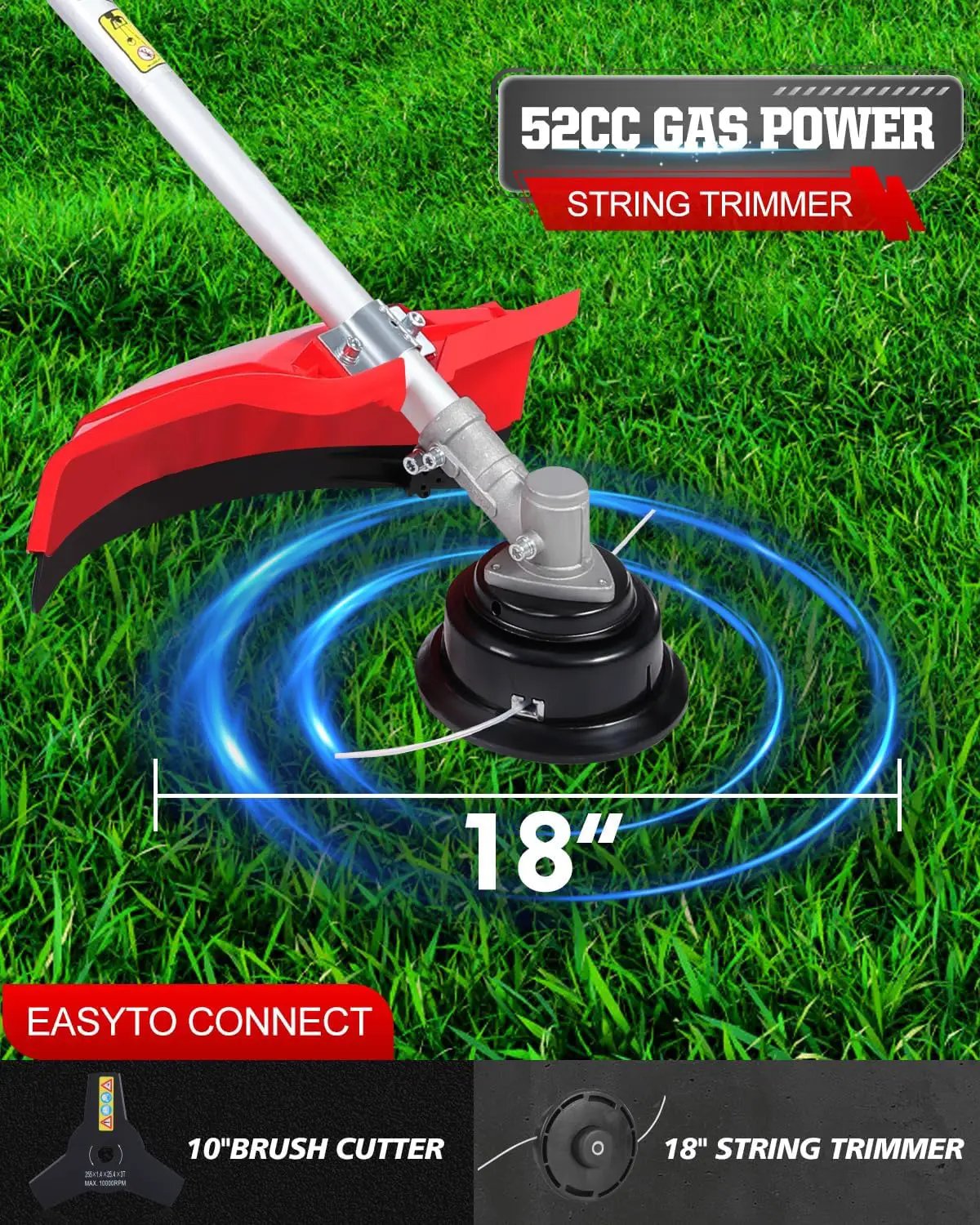 52 cc 2-Cycle Gas Powered Weed Eater, String Trimmer & Brush Cutter 3-in-1, 7,500 RPM Full-Crank, Low-Vibration Quick-Start Recoil, Detachable Shaft, Heavy Duty Weed Wacker (DE631) by GreenHaven Gardens