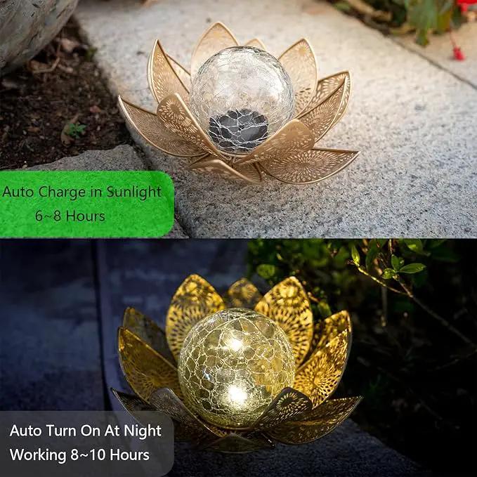 Solar Lights Outdoor Waterproof Lotus Flower Metal Yard Art Decoration Crackle Globe Glass Solar Lamp Garden Decor for Outside, Flowerbed Lawn Patio Porch Pathway Pond Decorations by GreenHaven Gardens