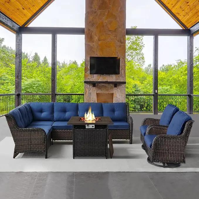 Outdoor Sectional Furniture Sofa Set with Propane Fire Pit Table, Wicker Patio Conversation Set with 2 Swivel Rocker Glider Chairs Blue Cushion Perfect for Backyard Casual Gathering by GreenHaven Gardens