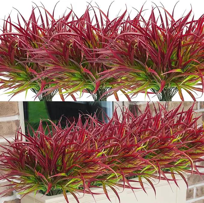 Uieke 28 Bundles Artificial Outdoor Plants UV Resistant Fake Grass Plants Faux Plastic Plants Greenery Shrubs for Home Garden Pathway Window Box Front Porch Summer Fall Decor, Deep Red by GreenHaven Gardens
