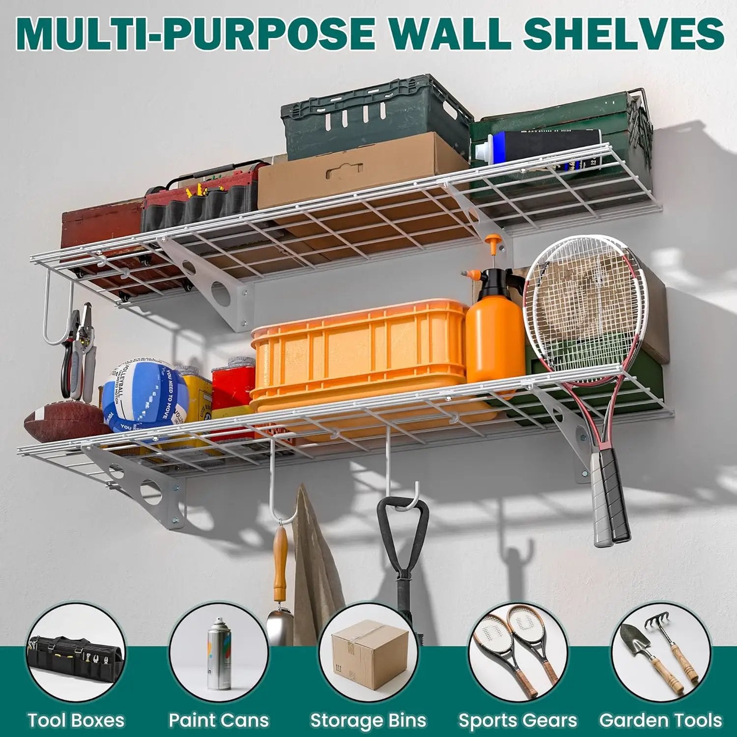 EVERHANGER Garage Wall Shelves, 12 X 48 Inch Wall Mounted Storage Shelves, Heavy Duty Metal Shelving with Hooks, 2 Pack, White by GreenHaven Gardens