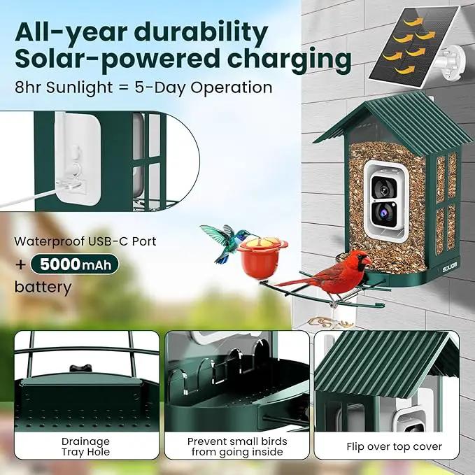 SOLIOM Solar Bird Feeder with Camera for Outdoors - AI Smart Birdhouse, 2K Live View & Instant Alerts, Squirrel Proof - Perfect Bird Watching Gift (Green) by GreenHaven Gardens