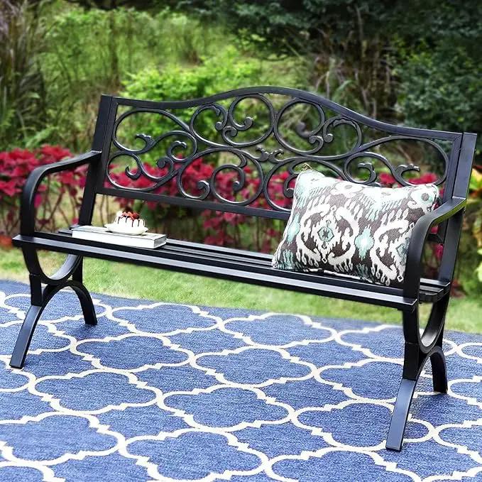 PHI VILLA 50-Inch Cast Iron Steel Frame Garden Bench Outdoor Patio Bench Chair w/Floral Design Backrest, Slatted Seat for Park, Yard & Porch, Black by GreenHaven Gardens