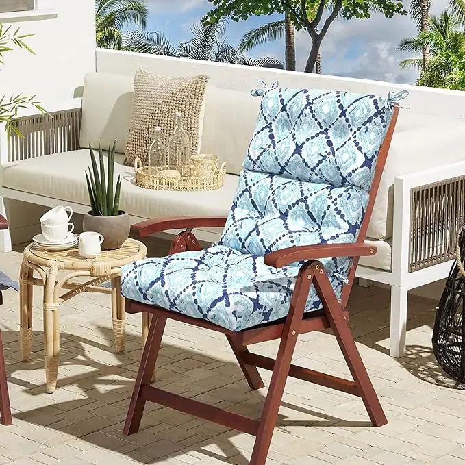LVTXIII Outdoor Tufted High Back Cushions Set of 2 Patio Seasonal Replacement Rocking Chair Cushion with Ties, Solid Seat and Back Chair Cushion, (44” L x 22W”, Boho Geometry Blue) by GreenHaven Gardens