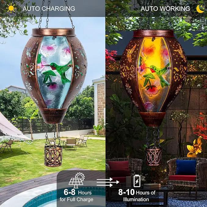 Hummingbird Hot Air Balloon Solar Lantern, Metal & Glass Flickering Flame Light Solar Lantern, Hanging Waterproof Solar Lanterns Outdoor for Garden Patio Tree Decoration by GreenHaven Gardens