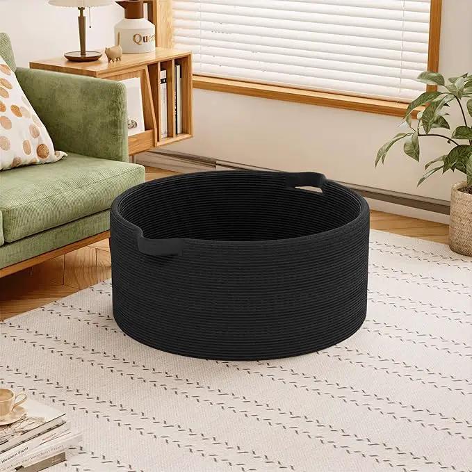125L Extra Large Blanket Basket, 25" x 16", Jumbo Laundry Woven Baskets Decorative Home, Cotton Rope Basket with Handles, Baby Toy Baskets for Storage, Black by GreenHaven Gardens