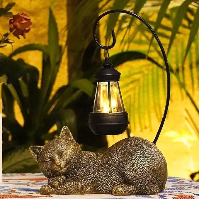 Resin Cat Statue with Solar Lantern, Eye-catching Garden Sculpture & Lawn Decor, 13" Height Outdoor Cat Figurine for Garden Yard Patio Porch Decorations, Cat Statues Outside Ornament by GreenHaven Gardens