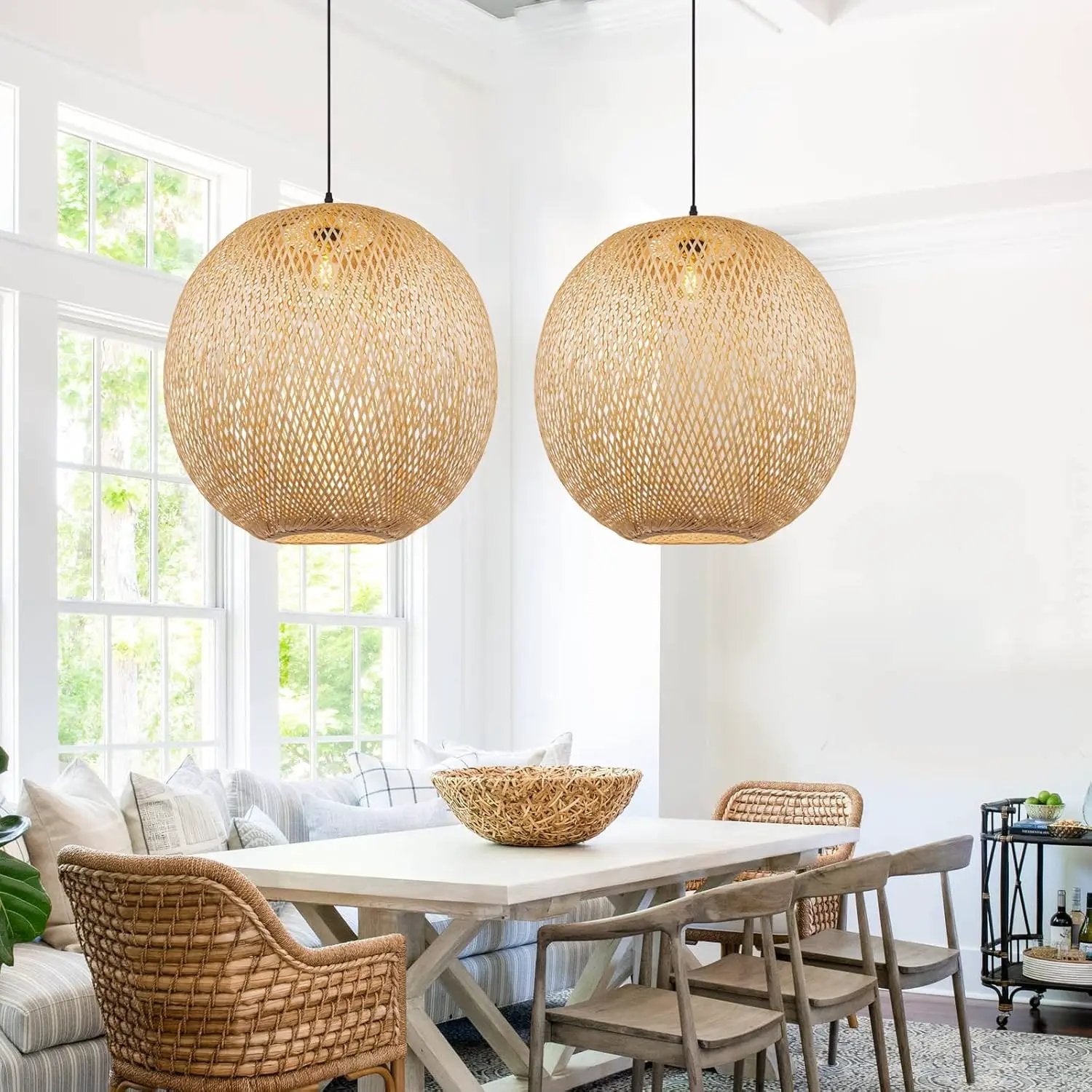Arturesthome Natural Bamboo Pendant Lamp, Round Hanging Ceiling Light Wicker Chandelier, Hand-Woven Boho Basket Lampshade for Kitchen Island Living Room by GreenHaven Gardens