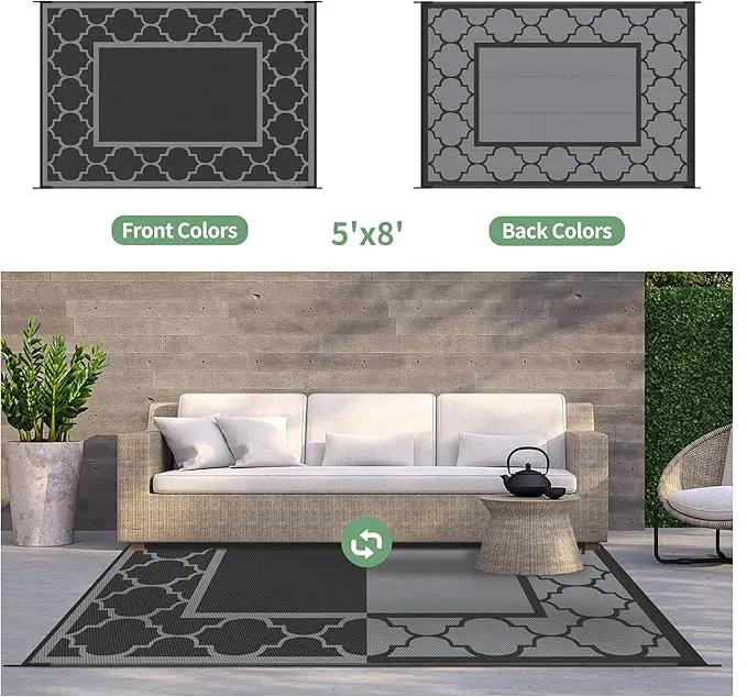 GENIMO 5' x 8' Outdoor Rug Waterproof for Patio Decor, Foldable Reversible Plastic Straw Area Rugs Mat for Camper, Outside Carpet for Rv, Deck, Porch, Picnic, Beach, Balcony, Black & Grey by GreenHaven Gardens
