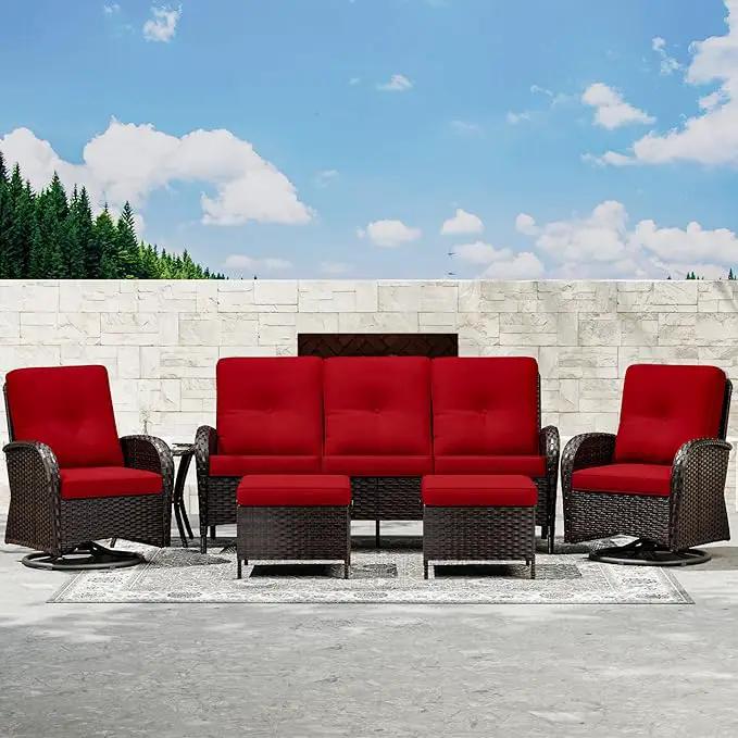 Joyside 6 Piece Patio Furniture Set, Outdoor Wicker Conversation Sets with Swivel Rocker Chairs and Sofa, Thick Cushion, Rattan Patio Sectional for Porch, Deck Use (Brown/Red, 6 PCS) by GreenHaven Gardens