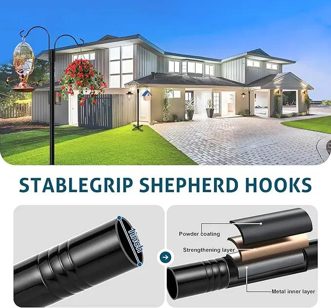 Ottsuls Double Shepherds Hooks for Outdoor, 76 Inch Bird Feeder Pole with 5 Prong Base, Upgrade 1 INCH Thick Heavy Duty Planter Hook for Hanging Baskets, Lantern,1 Pack by GreenHaven Gardens