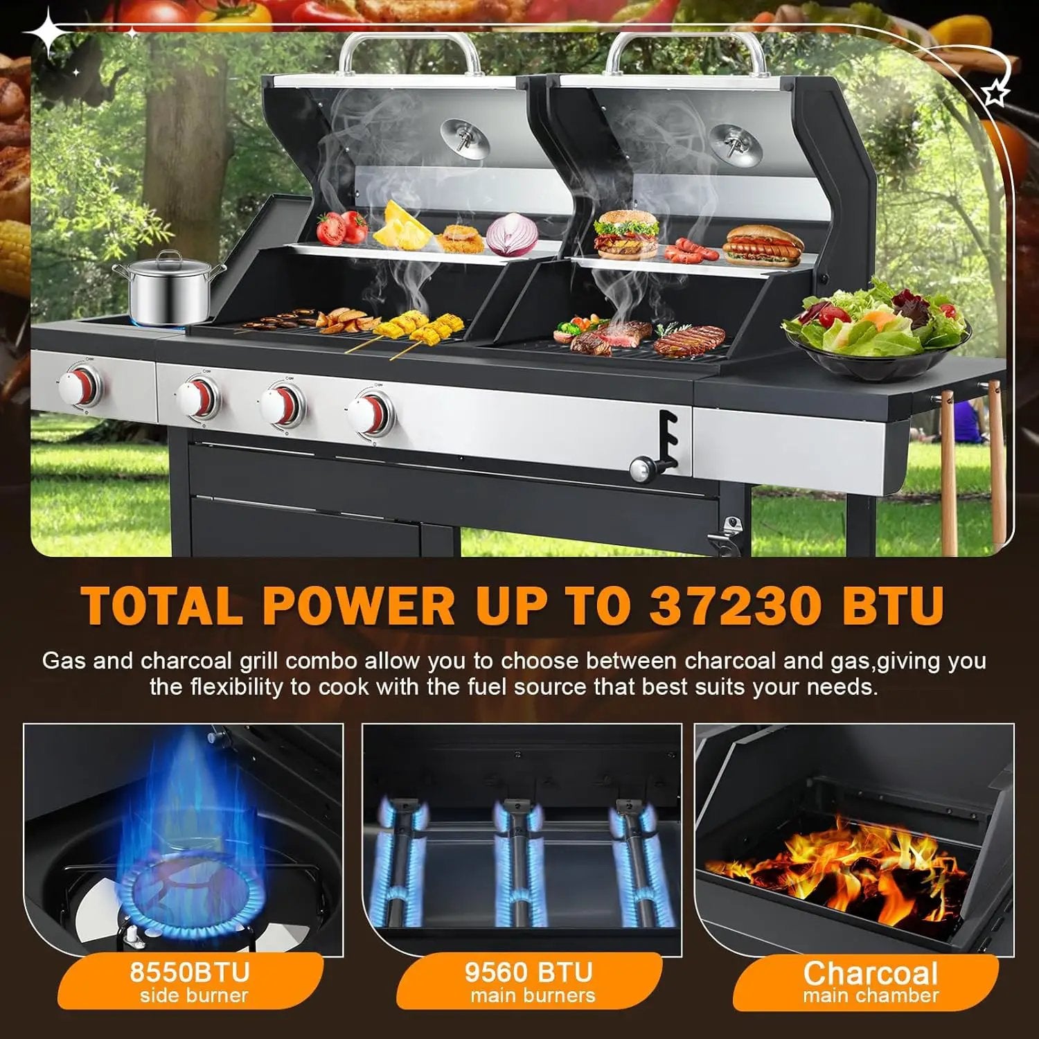 3-Burner Gas and Charcoal Combo Grill with Griddle Plate, 37,230 BTU, Stainless Steel & Enameled Grates, Side Burner + Storage Cabinet for Backyard, Tailgating, Teppanyaki by GreenHaven Gardens