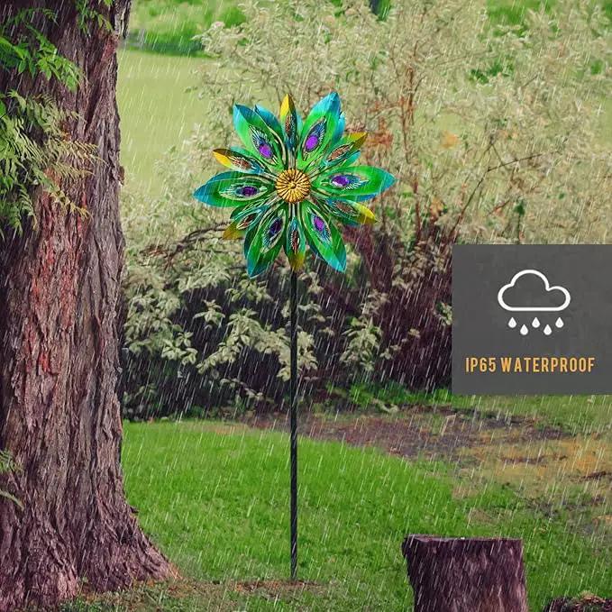 53 Inch Wind Spinner - Outdoor Metal Peacock Wind Sculptures for Garden, Patio, Yard, Lawn Decorations Double Windmill Spinner by GreenHaven Gardens