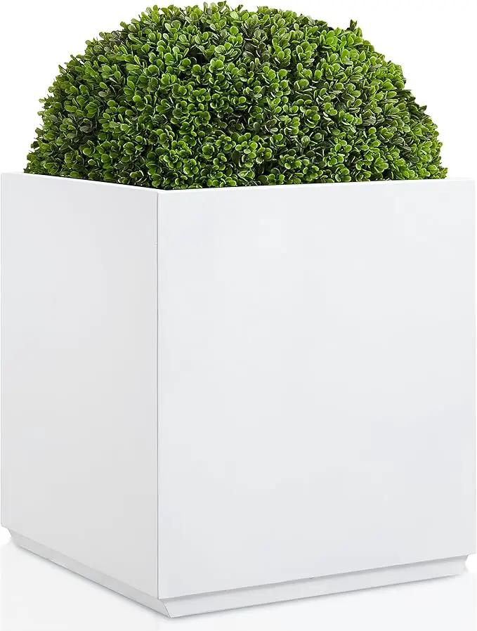 Metallic Heavy Planter Box for Outdoor or Indoor, No Assemble and Seamless, Large Square Planter, Cube Planter for Tall Trees, Plants, Flowers 21Lx21Wx24H 35Pounds White by GreenHaven Gardens