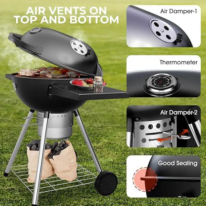 Premium 22 Inch Charcoal Grills with 2 Foldable Tables, BBQ Grill with Cover, Outdoor Barbecue Grill with Ash Catcher, Portable Charcoal Kettle Grills with Wheels for Camping Party Backyard by GreenHaven Gardens