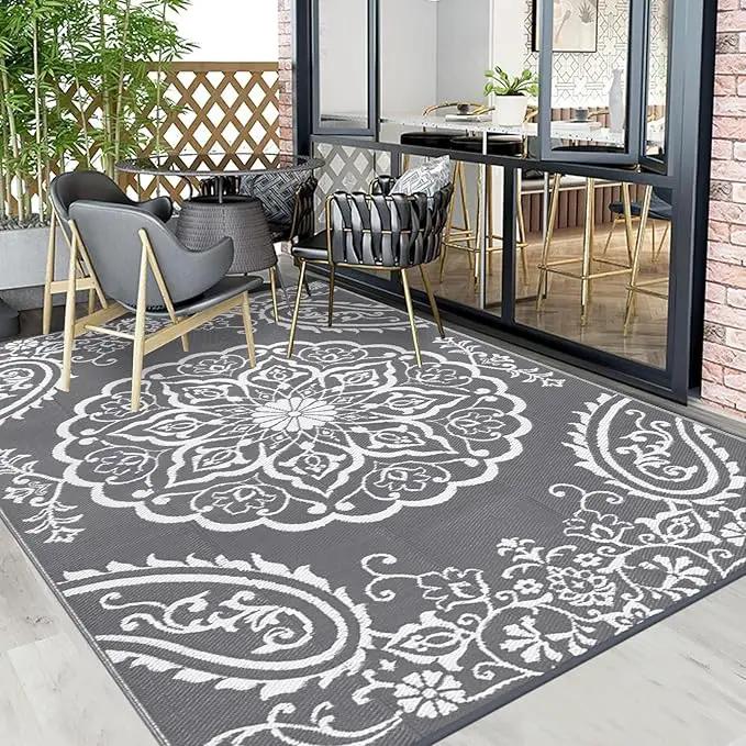 Pauwer Waterproof Outdoor Rug 6x9, Reversible Plastic Straw Patio Camping Rug, Indoor Outdoor RV Mat Carpet for Deck, Camper, Porch, Balcony, Backyard, Picnic, Boho Grey by GreenHaven Gardens