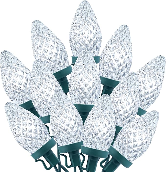 C9 Christmas String Lights White, 66ft 100 LED Faceted Christmas Lights on Green Wire, Large Bulb Strawberry String Lights for House Roof Roofline Christmas Tree Party Outdoor by GreenHaven Gardens