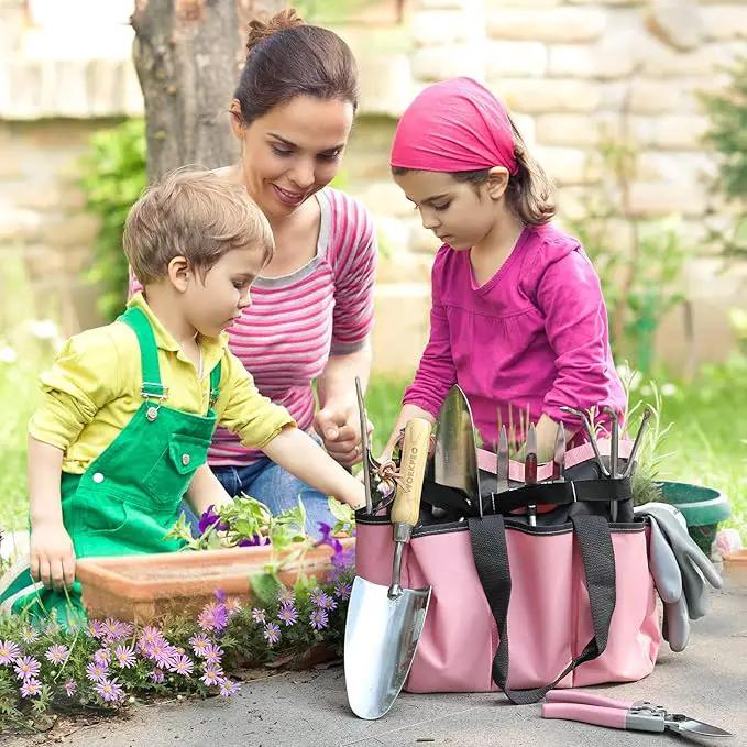WORKPRO 8-Piece Pink Garden Tool Set, Stainless Steel Gardening Tools with Wood Handle, Including Garden Tote, Gloves, Trowel, Hand Weeder, Cultivator and More, Gardening Gifts For Women - Pink Ribbon by GreenHaven Gardens