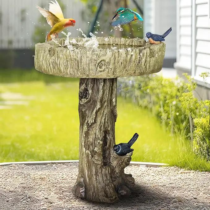 SunJet 24.4 Inch Heigh Wood-Look Concrete Bird Bath with Decorative Faux Bird – birdbath Rustic & Long-Lasting Design, Enhances Garden, Patio, Yard, Lawn Décor by GreenHaven Gardens