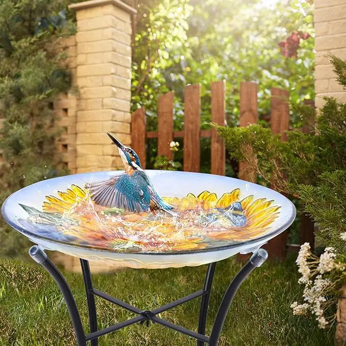 VCUTEKA Bird Baths for Outdoors, Glass Bird Bath with Metal Standing for Garden, Yards Patio Décor, Bird Lovers Gift, Sunflower Glass Birdbath Detachable (22" H * 18" W) by GreenHaven Gardens