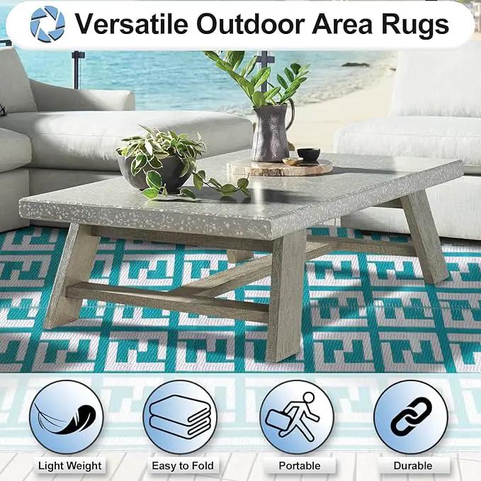 OutdoorLines Outdoor Plastic Area Rugs for Patio 5x8 ft - Reversible Outside Carpet, Stain & UV Resistant RV Mats, Straw Rug for Camping, Deck Garden, Porch and Balcony, Geometry Teal & Light Grey by GreenHaven Gardens