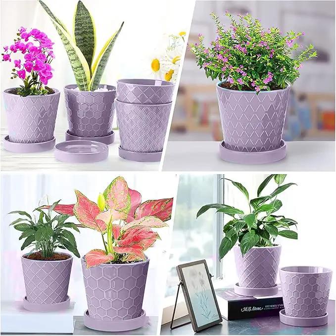 Plant Pots Indoor –5 in Ceramic Flower Pot with Drainage Hole and Ceramic Tray - Gardening Home Desktop Office Windowsill Decoration Gift, Set of 4 - Plants Not Included(Purple) by GreenHaven Gardens