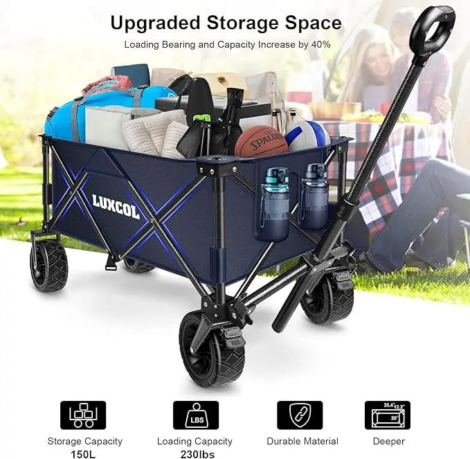 LUXCOL Collapsible Folding Wagon, Heavy Duty Utility Beach Wagon Cart for Sand with Big Wheels, Adjustable Handle&Drink Holders for Shopping, Camping,Garden and Outdoor Dark Blue by GreenHaven Gardens