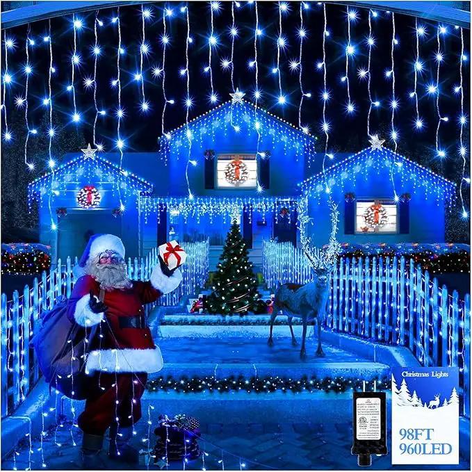 960 LED 98FT Christmas Lights Plug in 8 Modes with Timer Dimmable Christmas Decorations Outdoor Waterproof Indoor Curtain String Lights for Roof Garden Holiday Wedding Party Decor Blue by GreenHaven Gardens