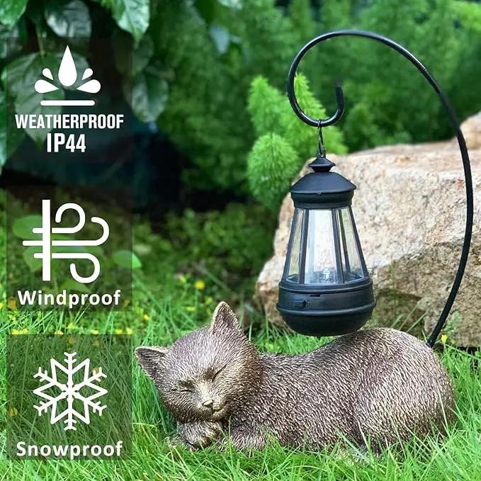 Resin Cat Statue with Solar Lantern, Eye-catching Garden Sculpture & Lawn Decor, 13" Height Outdoor Cat Figurine for Garden Yard Patio Porch Decorations, Cat Statues Outside Ornament by GreenHaven Gardens