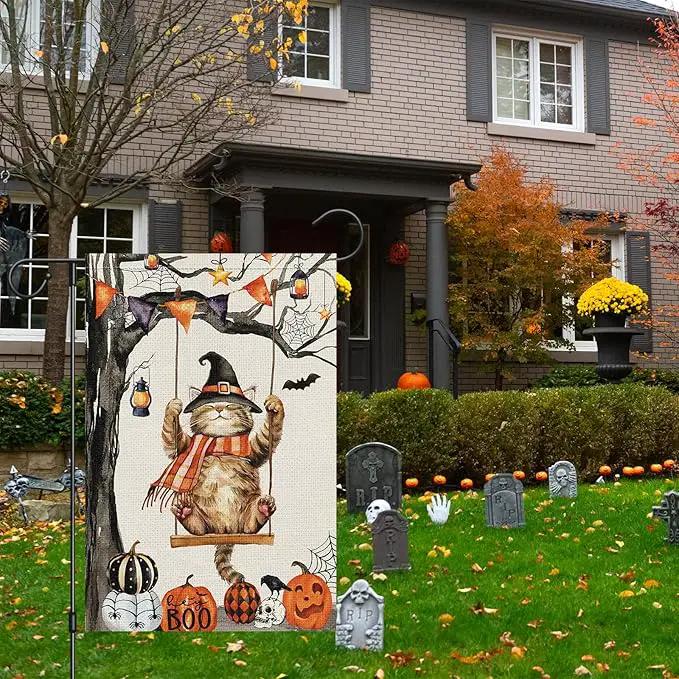 Heyfibro Halloween Cute Cat Swing Garden Flags 12 x 18 Inch Vertical Double Sided Burlap, Pumpkin Skull Bat Yard Flag for Seasonal Fall Thanksgiving Farmhouse Decoration(ONLY FLAG) by GreenHaven Gardens