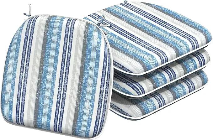 Indoor/Outdoor Chair Cushions 16x17 Inch, Patio Chair Cushions with Ties, All Weather Seat Cushions for Patio Furniture Home Garden Chair Use, Set of 4, Stripe Layered Blue by GreenHaven Gardens