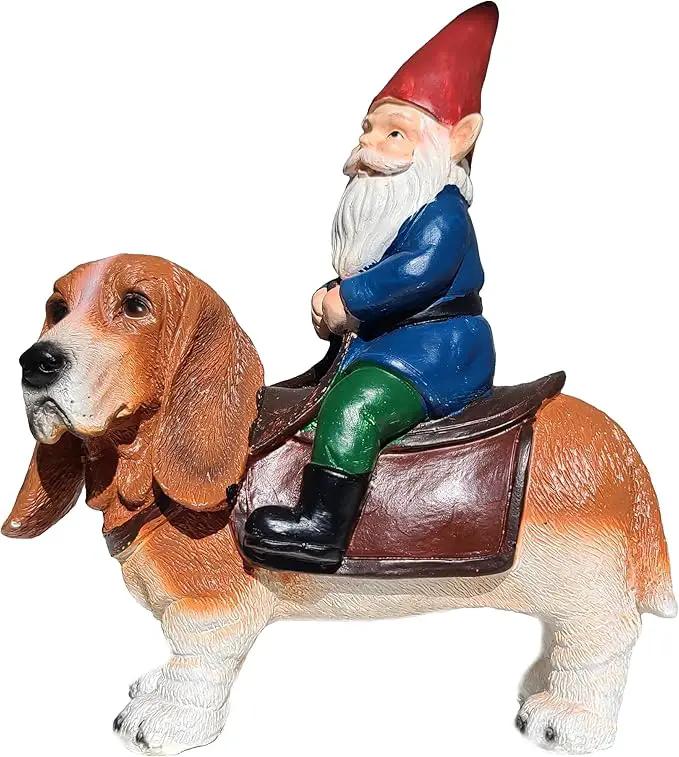 Funny Guy Mugs Gnome Riding A Basset Hound - Funny Garden Gnomes Gifts for Women - Garden Gnomes for Outdoors - Gifts for Dog Lovers - Indoor/Outdoor Garden Gnome Sculpture for Patio, Yard or Lawn by GreenHaven Gardens