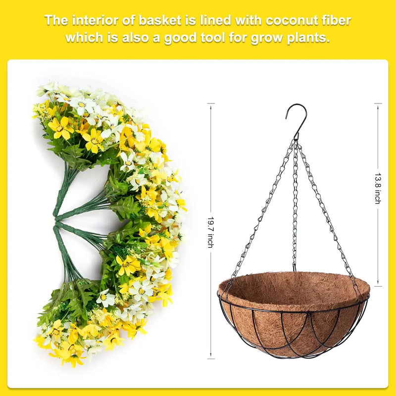 Artificial Silk Flowers Hanging Baskets Outdoors,Chrysanthemum with Eucalyptus Leaves Arrangement for Garden Yard Decor,Faux Plant in Metal Coconut Lining Flowerpot(Yellow) by GreenHaven Gardens