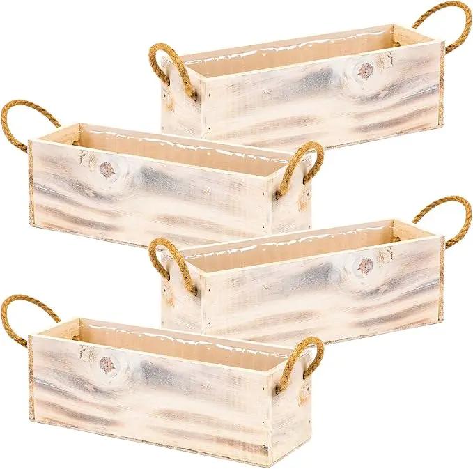 Wooden Planter Box with Handle, Rustic Whitewash, Plastic Liner l Garden Decor l Restaurant and Wedding Decorations l Table Centerpiece (12x4 w Handle Set of 4, Whitewash) by GreenHaven Gardens