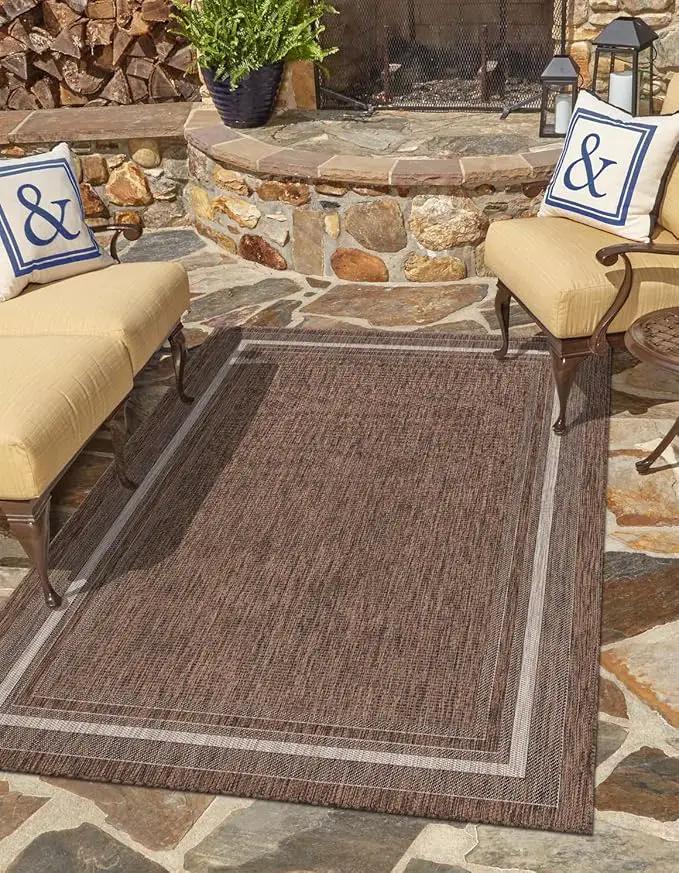 Unique Loom Outdoor Border Collection Area Rug - Soft Border (10' x 13' 1" Rectangle Brown/Ivory) by GreenHaven Gardens