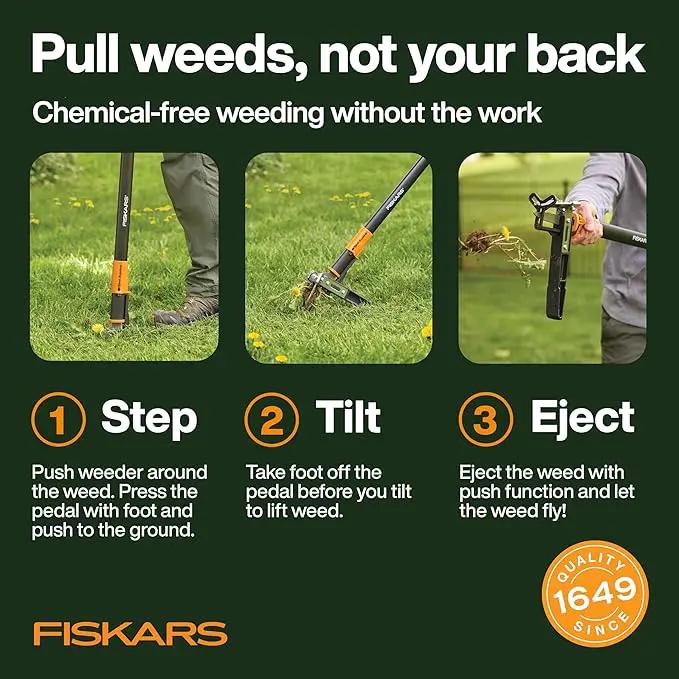 Fiskars 3-Claw Stand Up Weed Puller Tool, Gardening Weeder, Hand Weeding Tool with 39" Long Ergonomic Handle with Easy-Eject Mechanism by GreenHaven Gardens