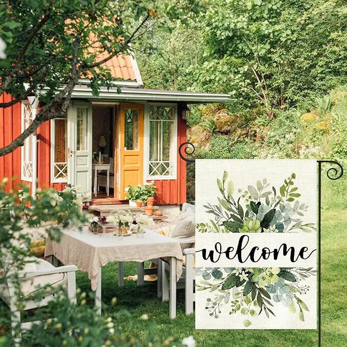 Spring Floral Welcome Garden Flag 12x18 Inch Double Sided Outside, Eucalyptus Seasonal Farmhouse Yard Outdoor Flag by GreenHaven Gardens