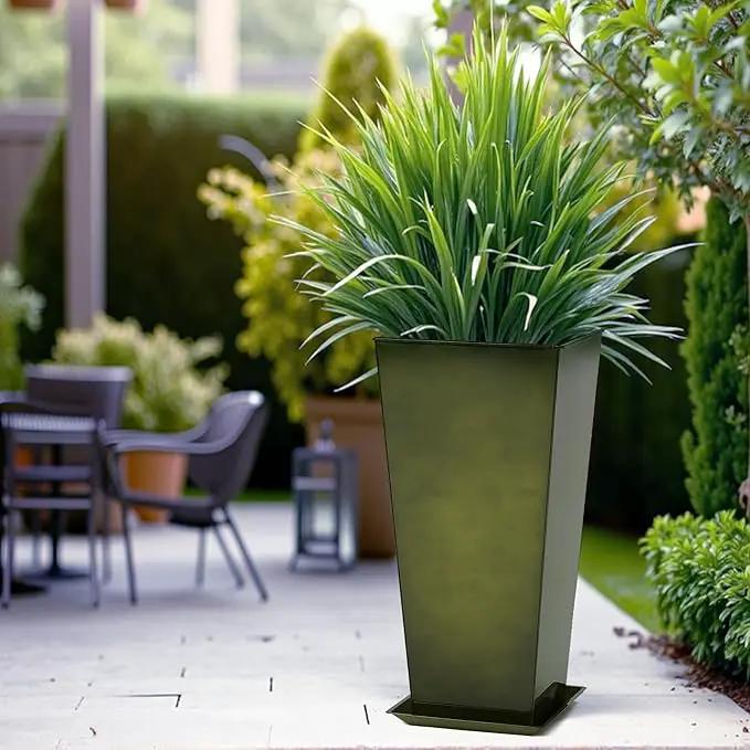 WORTH Garden 28" Large Metal Glazed Planter Set of 2, Luxurious Glossy Finish Green Tall Square Tapered Steel Plant Pots, Decor Flower Pot Indoor & Outdoor, Drainage Hole & Dual-Purpose Plant Saucer by GreenHaven Gardens