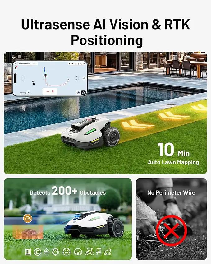 YUKA Mini 500H Robotic Lawn Mower Reception 0.12 Acre,Max. 0.17 Acre, Ultrasense AI Vision+ RTK Positioning, Auto Mapping, App Control, 50% Slope, Cutting Height 2''~3.5'', 15 Mowing Zones by GreenHaven Gardens