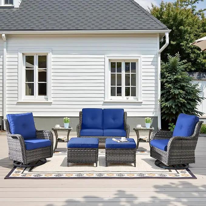 Outdoor Patio Furniture Set - 7 Piece Gray Wicker Conversation Patio Furniture Set All Weather Swivel Chairs with Ottoman and Loveseat Glider Chair for Deck Balcony Backyard by GreenHaven Gardens