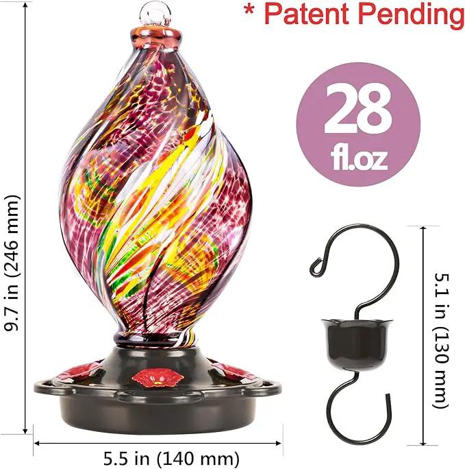 LUJII Ice Cream Shaped Spiral Hummingbird Feeder for Outdoors Hanging, Hand Blown Glass, 28 fl.oz, Leak Proof & Rustproof, Includes an Ant Moat with Hook, Unique & Stylish Glass Art & Decor (Purple) by GreenHaven Gardens