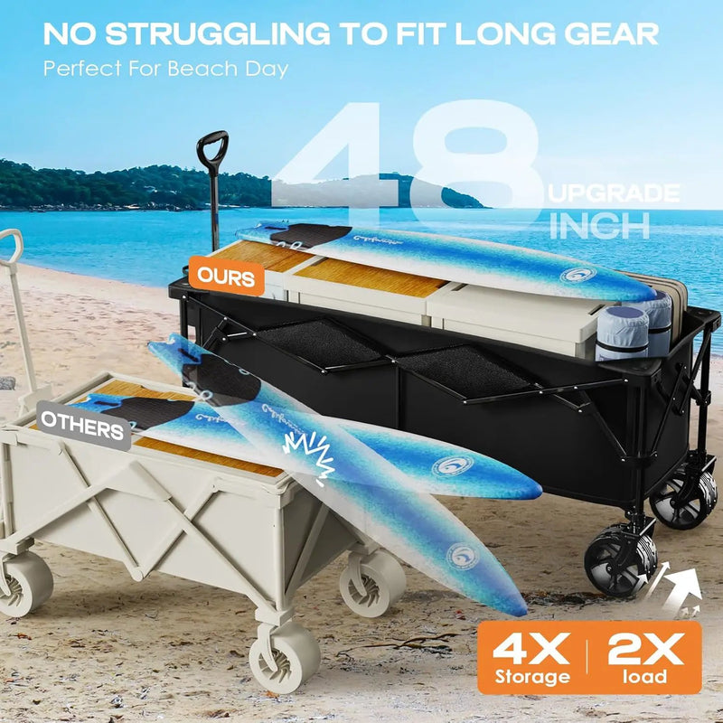 300L Extra Large Collapsible Foldable Wagon, 440lbs Load Capacity 48''L Extended Heavy Duty Folding Beach Wagon with Big All-Terrain Wheels, Utility Garden Cart for Outdoor Activities, Black by GreenHaven Gardens