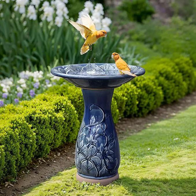LuxenHome 22 Inch Ceramic Bird Bath for Outside, Elegant Tall Outdoor Bird Bath, Lightweight Pedestal Glazed Birdbaths for Outdoors with Floral Pattern, Deep Blue by GreenHaven Gardens