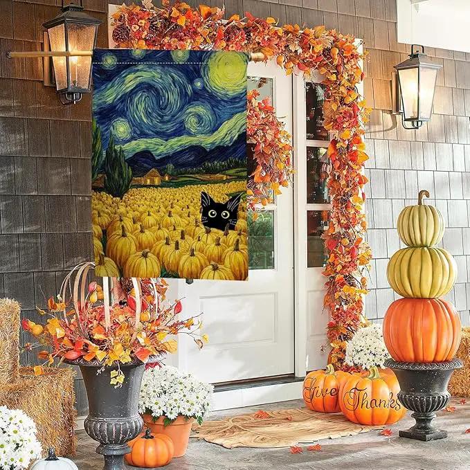 BLKWHT Fall Pumpkin Cat House Flag 28x40 Vertical Double Sided Blue Sky Autumn Thanksgiving Holiday Outside Decorations Burlap Yard Flag BW825-40 by GreenHaven Gardens