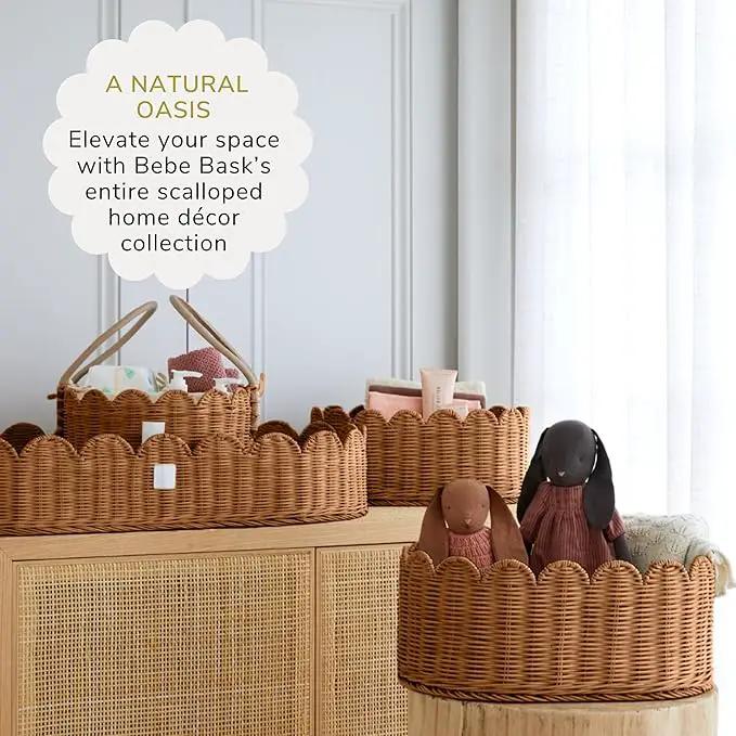 BEBE BASK Premium Scalloped Basket Set Of 2 - Scallop Basket - 16 x 10 x 7 Inch - Hand-Woven Elegant Wicker With Scalloped Edge - Nursery Storage (Mocca) by GreenHaven Gardens